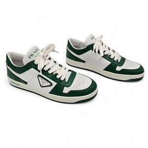 Prada Downtown Low Top Sneaker White Green Leather Logo Size 39.5 US 9.5